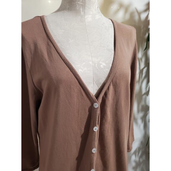 Fresh Produce Womens V-Neck Button 3/4 Sleeve Cardigan Size L Tan Cotton Neutral - Picture 5 of 10